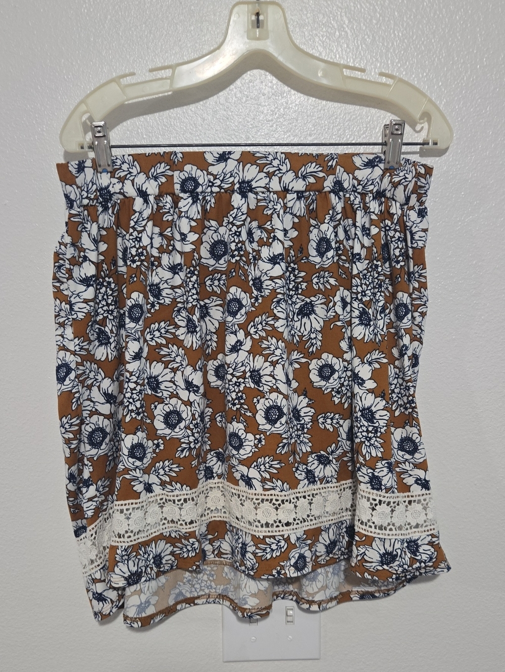 Loveappella Brown Floral Midi Skirt with White Lace Trim